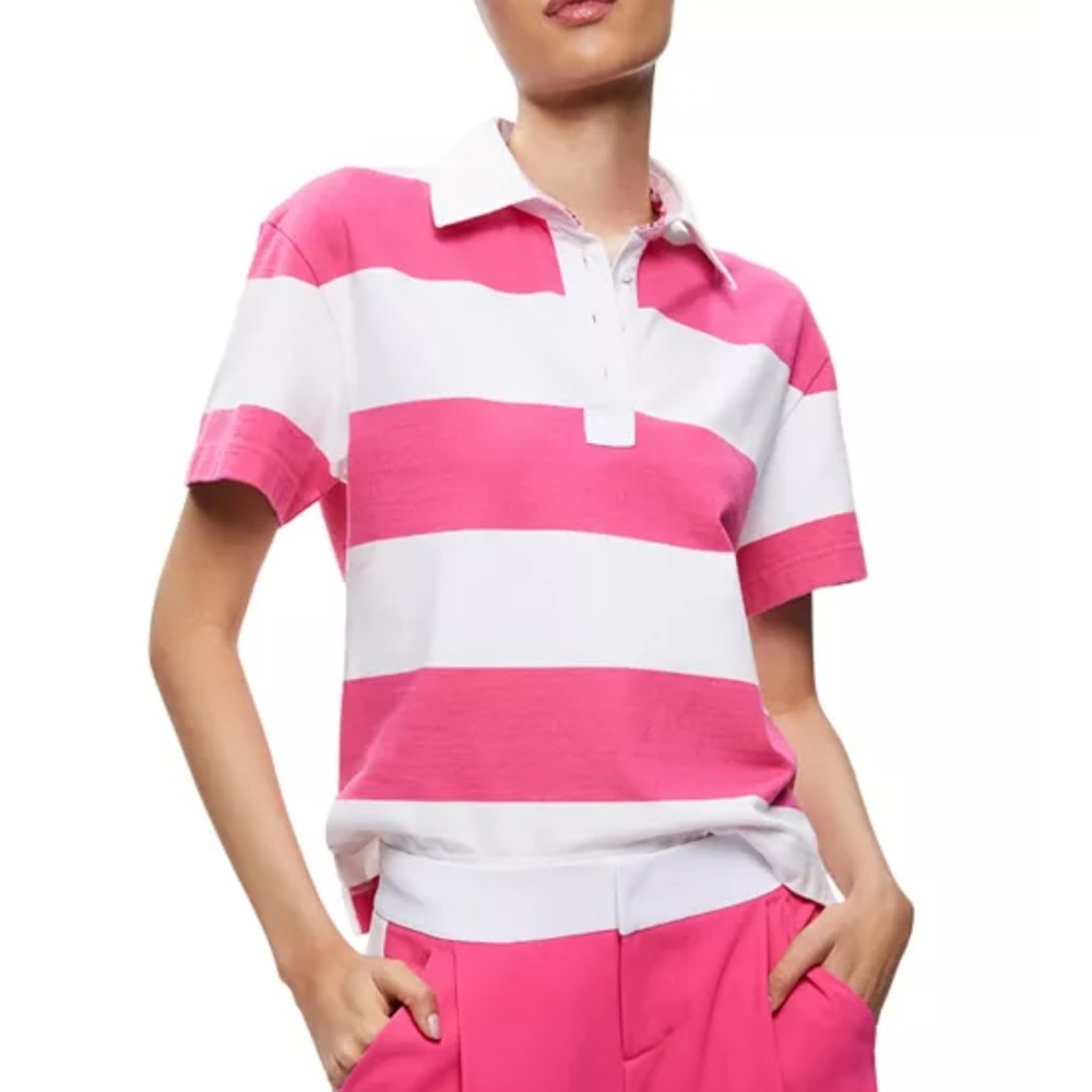NWT Alice + Olivia Treva Candy Pink and White Boxy Polo Jersey Size XS